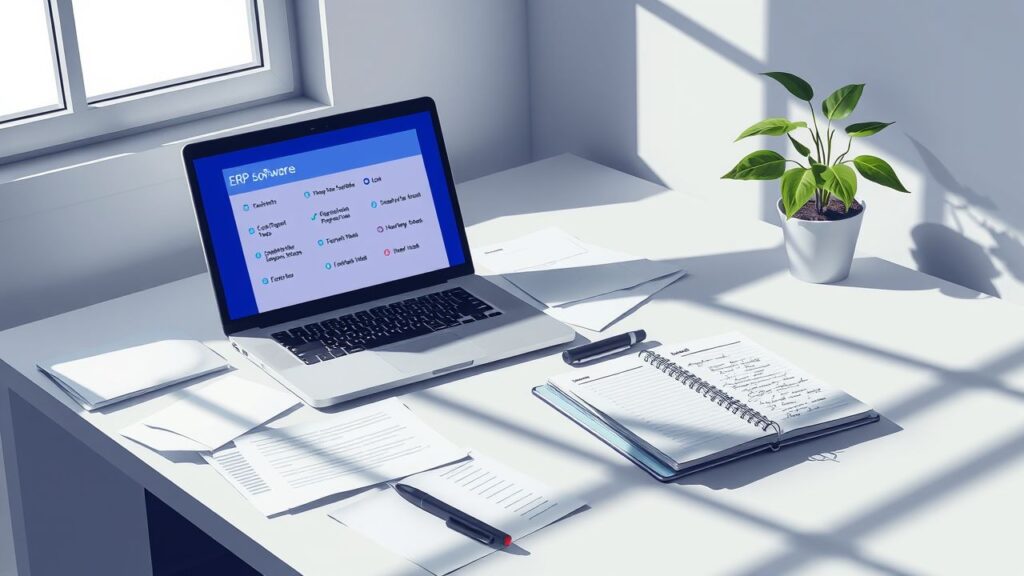 Een rommelig kantoorbureau met laptop, papieren en plant.