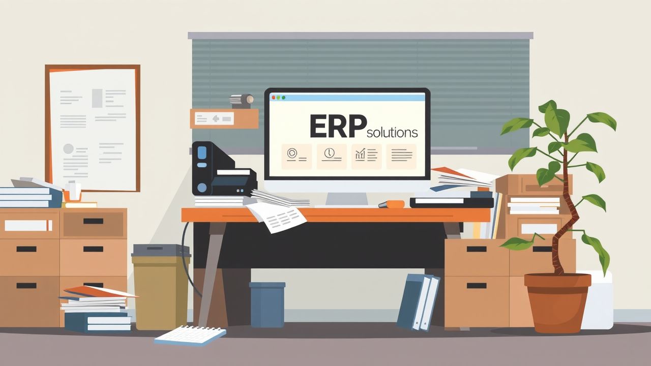 Een illustratie van een kantooromgeving met een rommelig bureau en een computer die ERP-oplossingen laat zien, benadrukt het belang van een goede ERP-partner voor effectieve implementatie. Een illustratie van een kantooromgeving met een rommelig bureau en een computer die ERP-oplossingen laat zien, benadrukt het belang van een goede ERP-partner voor effectieve implementatie.