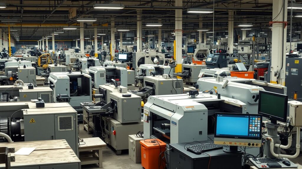 Een drukke fabrieksvloer met oude en moderne machines in bedrijf.