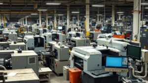 Een drukke fabrieksvloer met oude en moderne machines in bedrijf.
