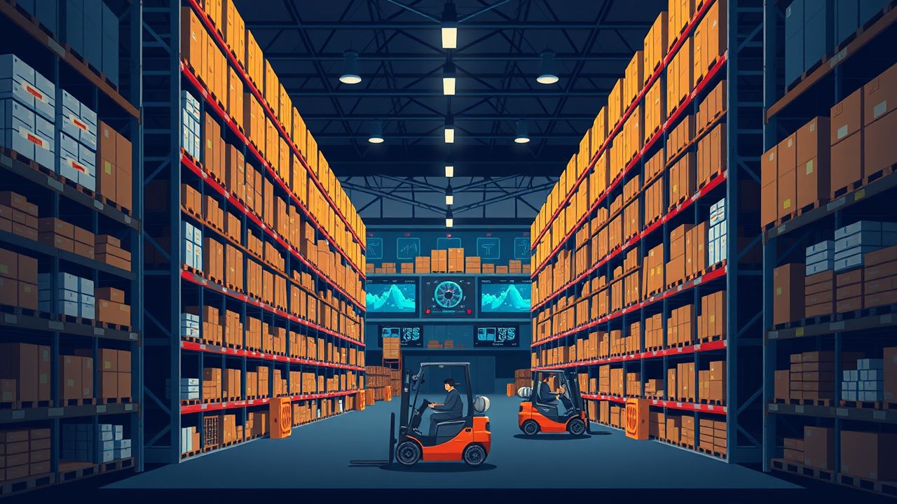 Een druk magazijn met voorraadbeheer en logistiek in de nacht. Een druk magazijn met voorraadbeheer en logistiek in de nacht.