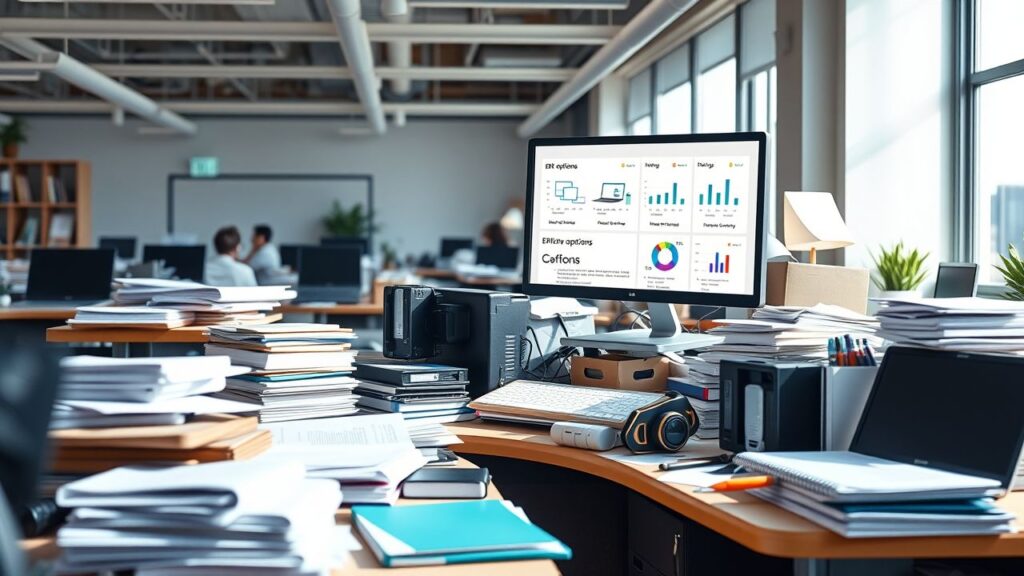 Een rommelig kantoorbureau met ERP-softwareopties op de computer.