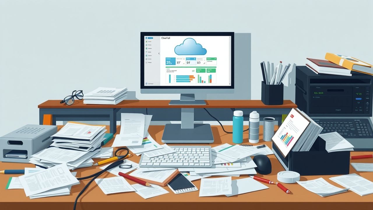 Een rommelig kantoorbureau met een computer en papieren. Een rommelig kantoorbureau met een computer en papieren.