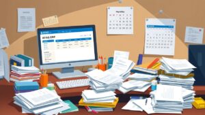 Een rommelig kantoorbureau met AFAS ERP-software op het computerscherm.