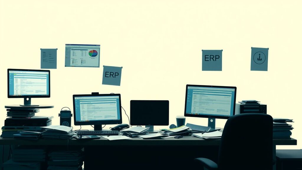 Een rommelig kantoorbureau met meerdere computerschermen en papieren.