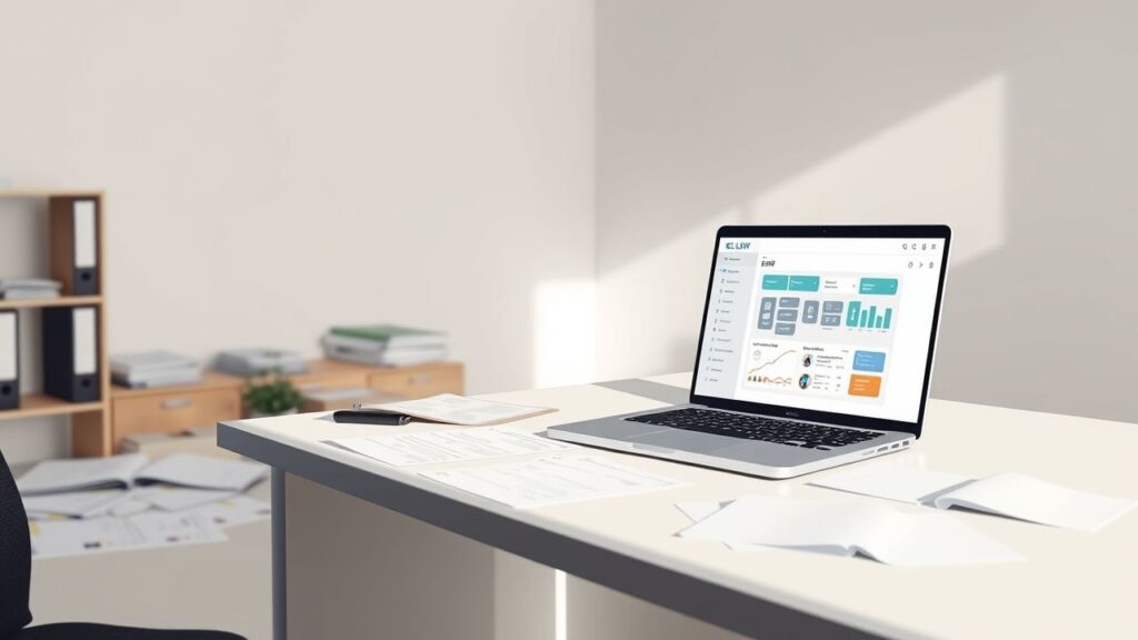 Een rommelig bureau met een open laptop en papieren.