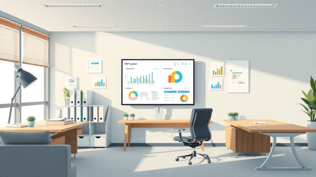 Een moderne kantoorwerkplek met geïntegreerd ERP-systeem en strak meubilair.