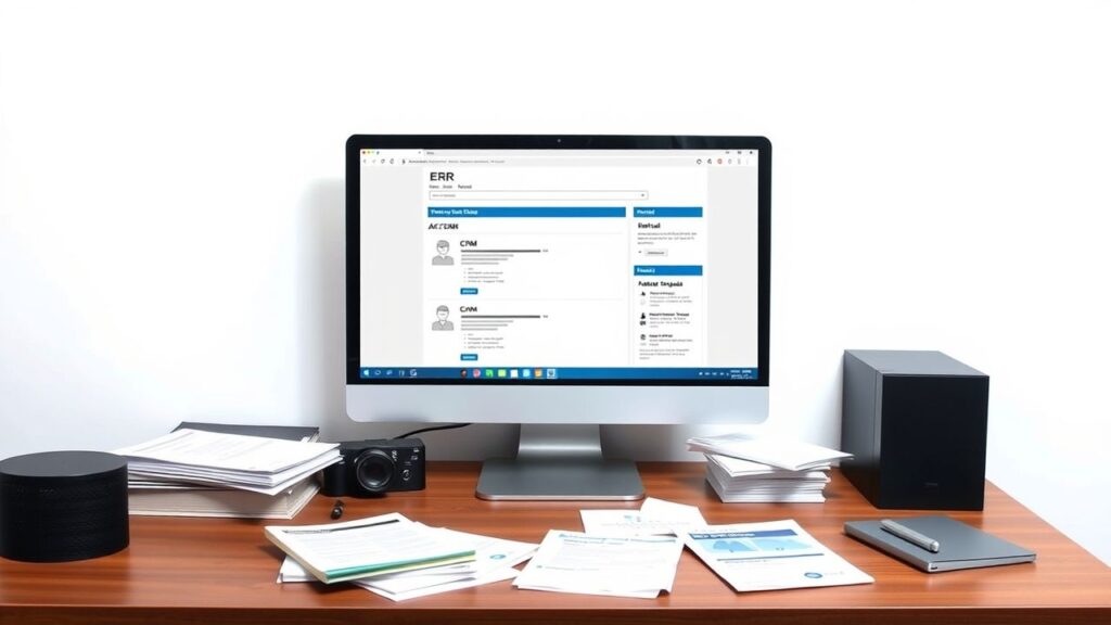Een rommelig bureau met computer en papieren over ERP en CRM software.