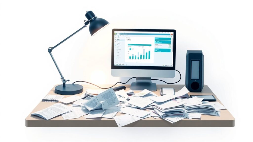 Een rommelig kantoorbureau met papieren en computer.