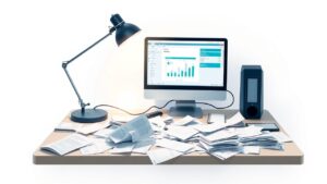 Een rommelig kantoorbureau met papieren en computer.