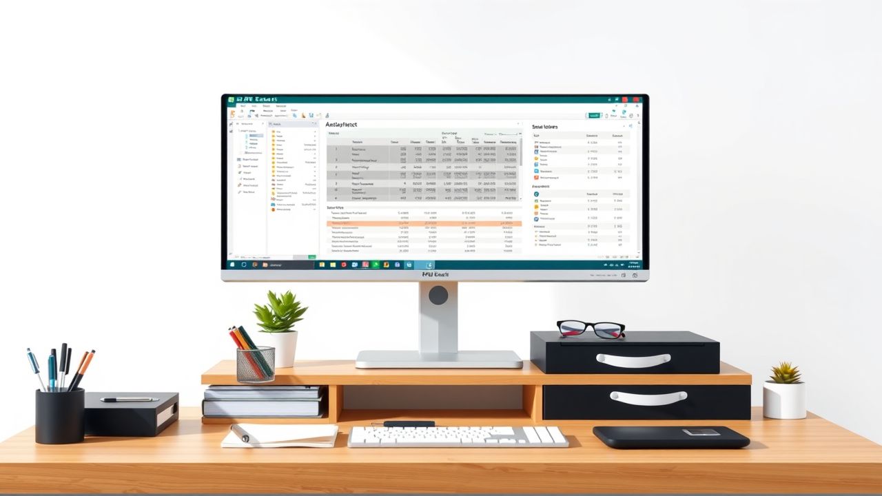 Een georganiseerd kantoorbureau met ERP-software op computer. Een georganiseerd kantoorbureau met ERP-software op computer.