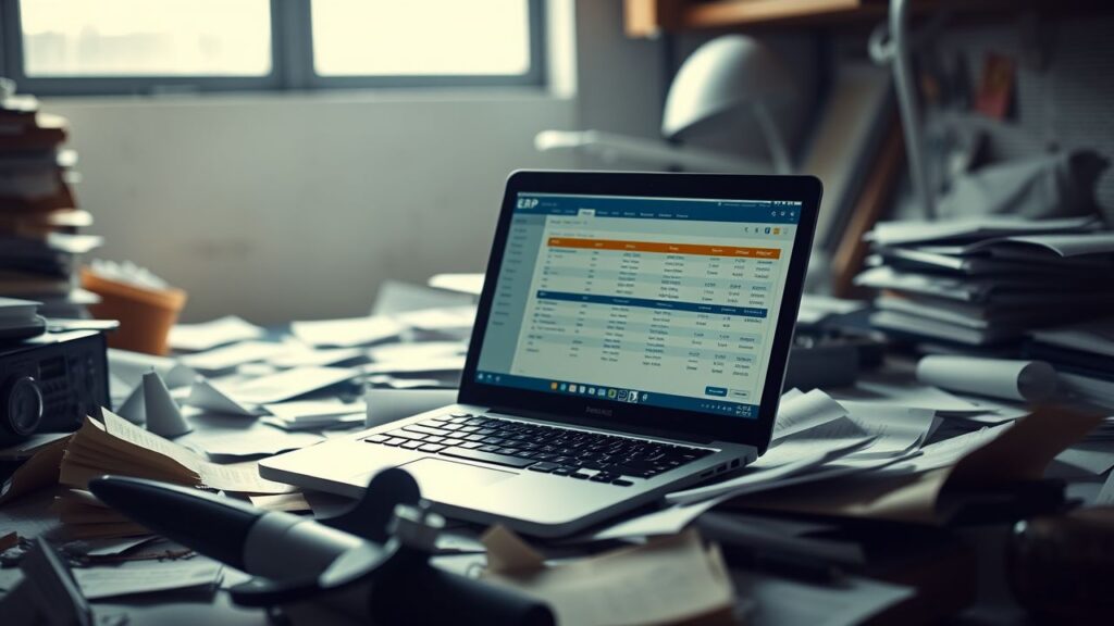 Een rommelig kantoor met een open laptop toont ERP-software.