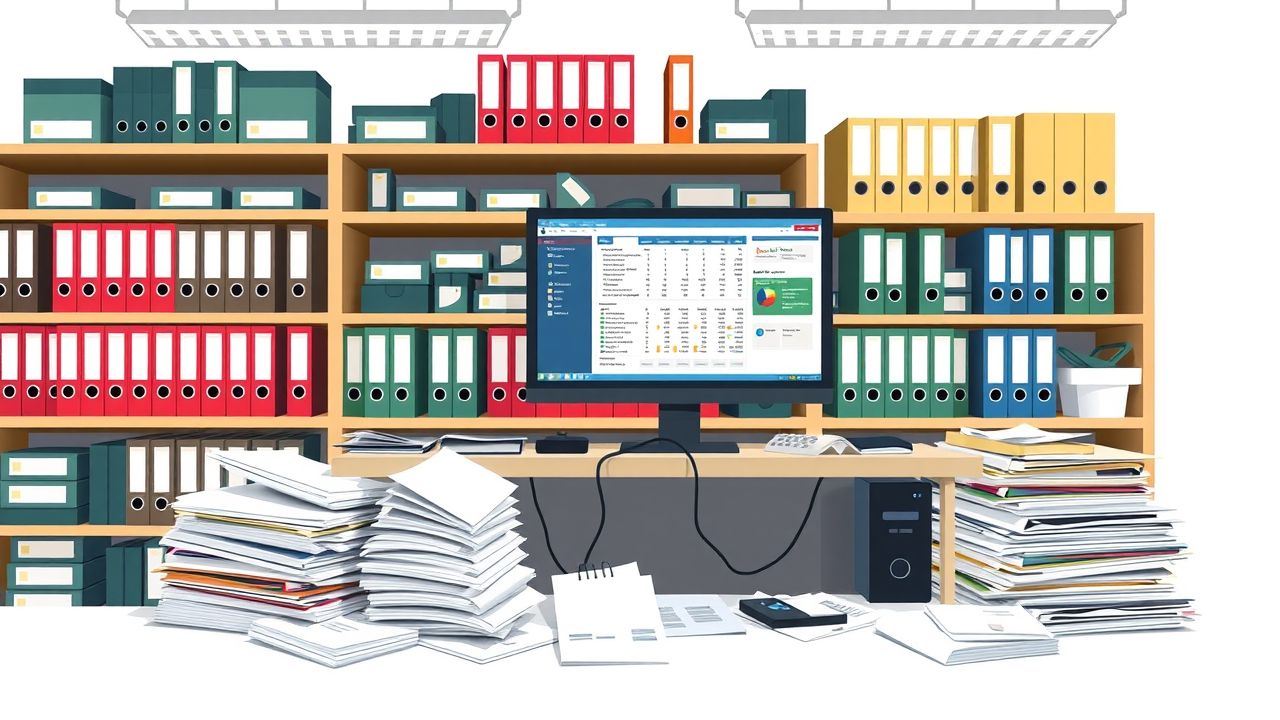 Een rommelig kantoorbureau met stapels papierwerk en een computer. Een rommelig kantoorbureau met stapels papierwerk en een computer.
