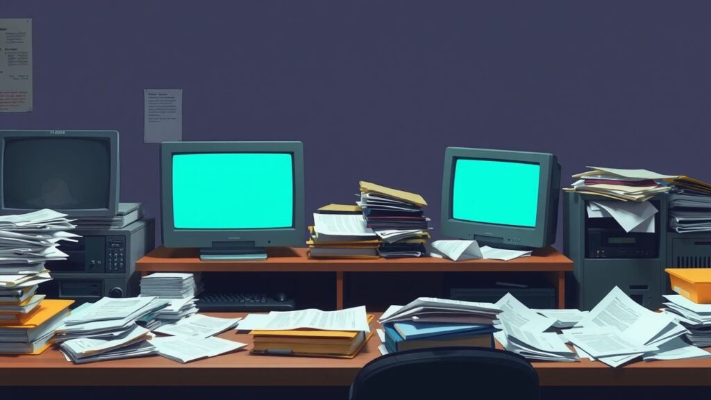 Een rommelig kantoor met verouderde technologie vóór ERP-implementatie.