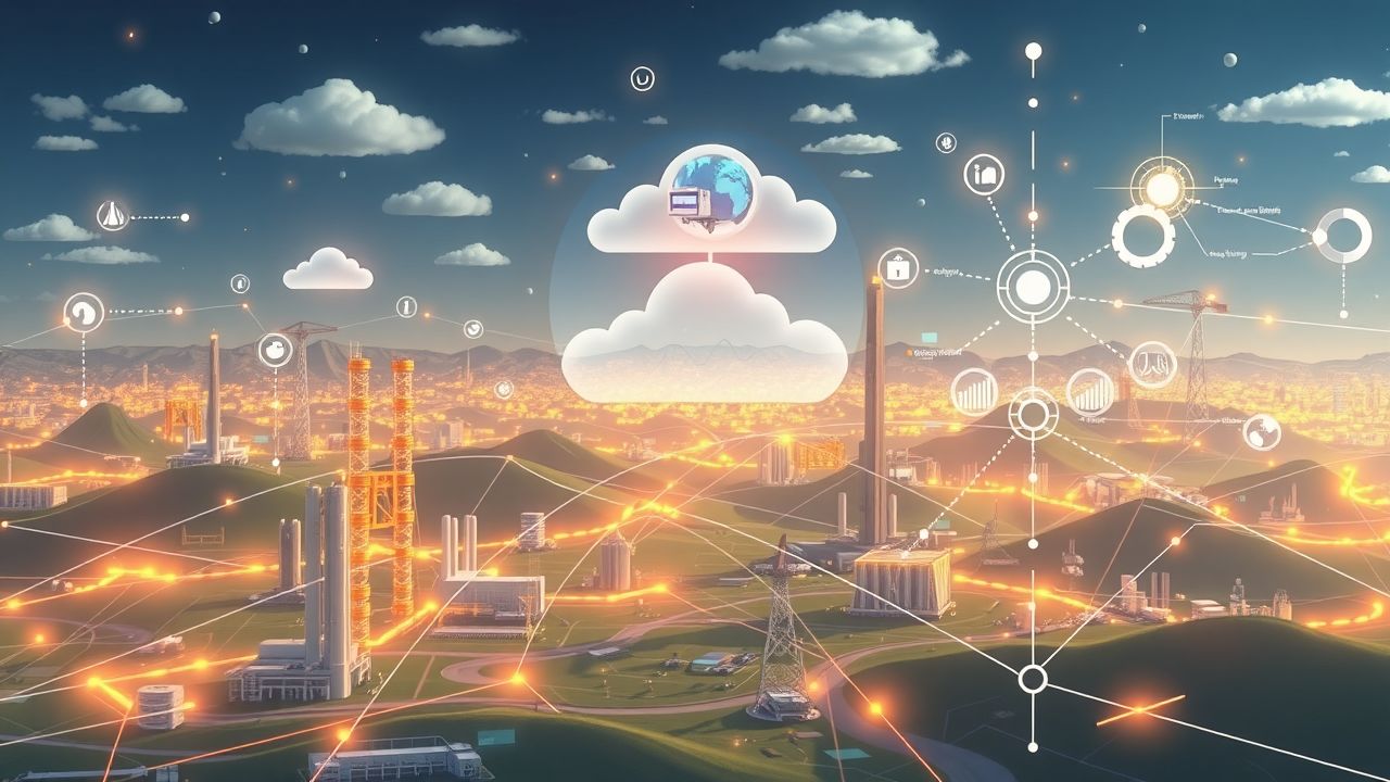 Een futuristisch cloud computing systeem met geavanceerde analysetools en wereldwijde connectiviteit. Een futuristisch cloud computing systeem met geavanceerde analysetools en wereldwijde connectiviteit.