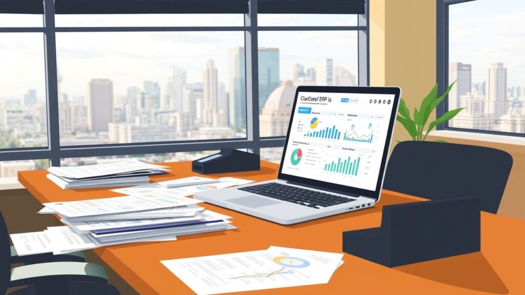 Een druk kantoor met een laptop open, tonen een cloud-gebaseerd ERP-systeem.