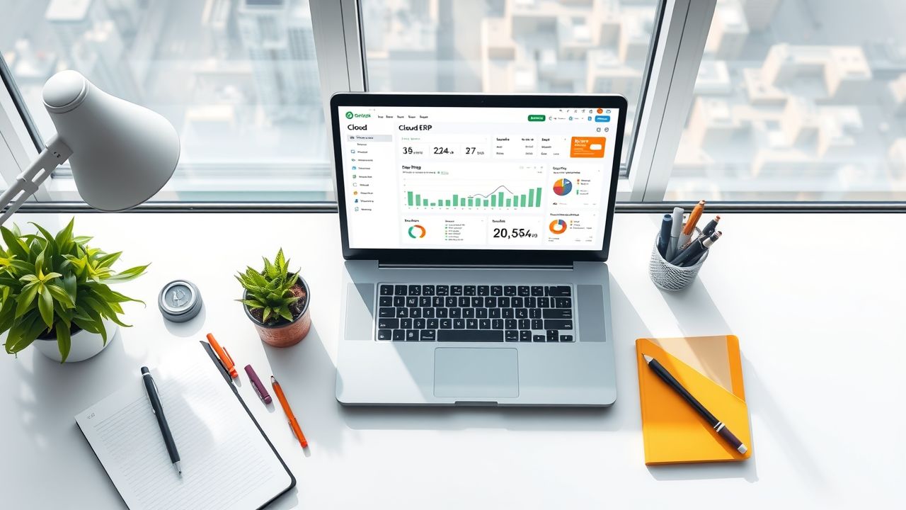 Een modern kantoorbureau met Cloud ERP dashboard en kantoorbenodigdheden.