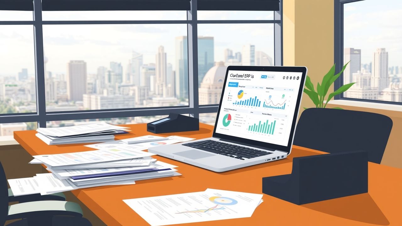Een druk kantoor met een laptop open, tonen een cloud-gebaseerd ERP-systeem.
