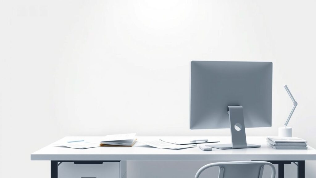 Een rommelig kantoorbureau met open-source ERP-software op de computer.