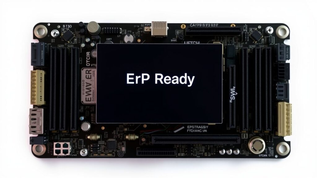 Een moederbord met BIOS-instellingen en computeronderdelen in vlakke ontwerpstijl.