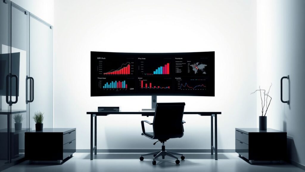 Een kantooromgeving met een computer die ERP-software toont.