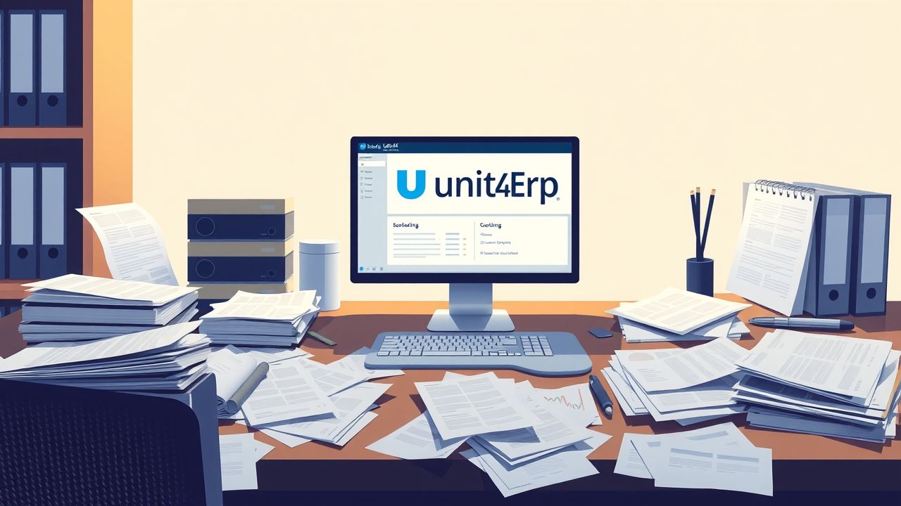 Een rommelig kantoorbureau met Unit4 ERP softwareinterface op computerscherm. Een rommelig kantoorbureau met Unit4 ERP softwareinterface op computerscherm.