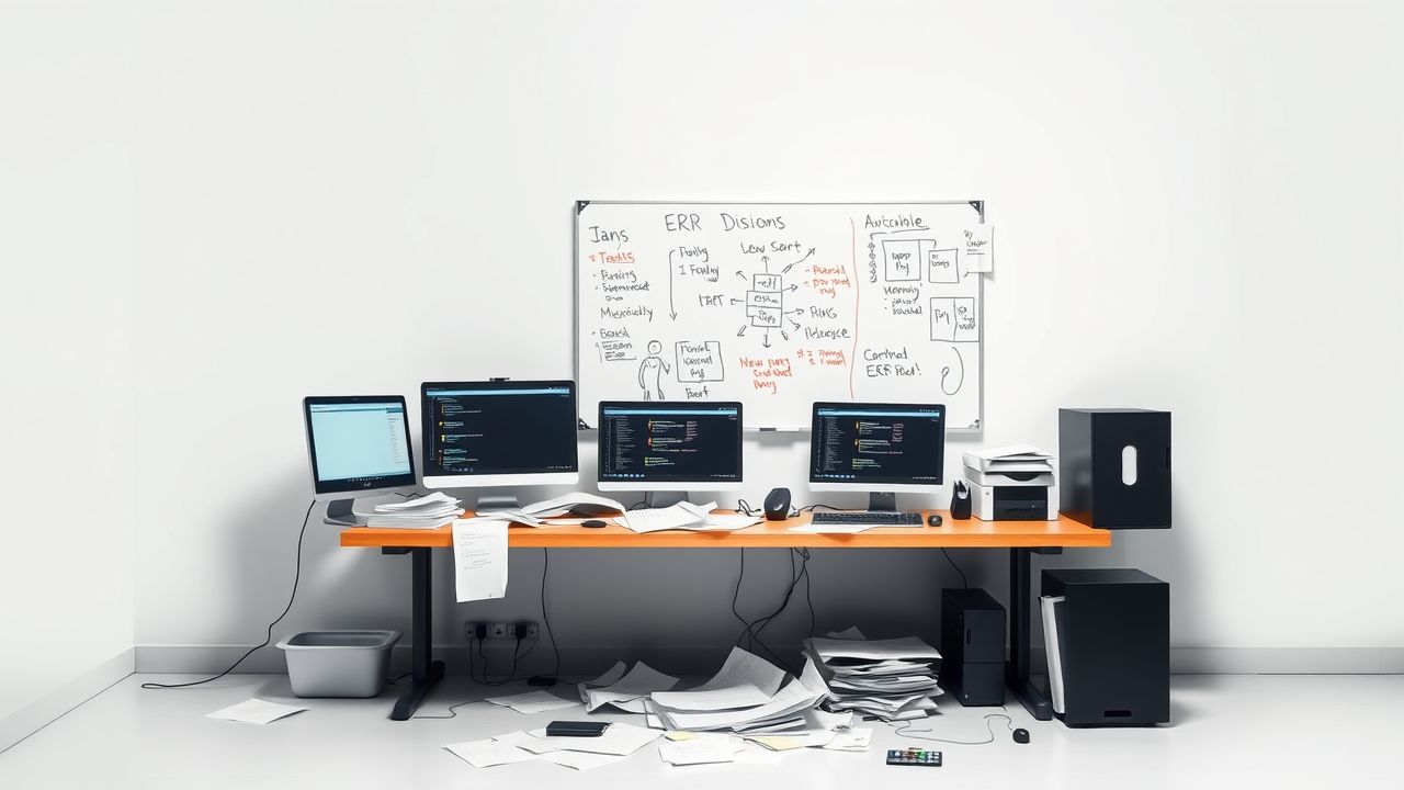 Een rommelig kantoor met meerdere schermen en papieren, en de noodzaak van een ERP Wiki-platform ter verbetering van informatiebeheer. Een rommelig kantoor met meerdere schermen en papieren, en de noodzaak van een ERP Wiki-platform ter verbetering van informatiebeheer.