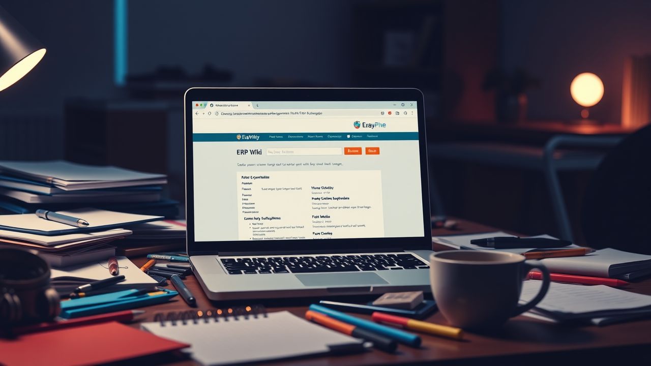 Een open laptop toont de ERP Wiki systeem webpagina op een rommelig bureau.