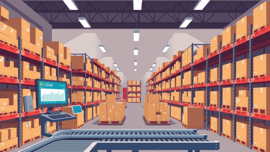 Een georganiseerd en efficiënt magazijn met geordende opslagrekken en een lopende band.