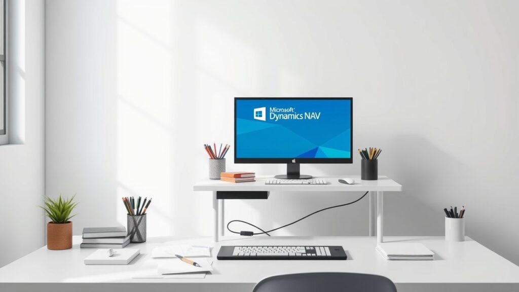 Een opgeruimd kantoorbureau met Microsoft Dynamics NAV software op het computerscherm.