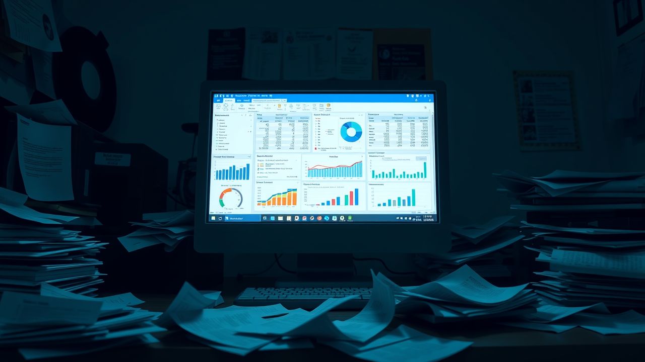 Een rommelig kantoor met een oude desktopcomputer en financieel beheersoftware.