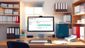 Een opgeruimd kantoor met een Netsuite ERP-systeem op de computer.