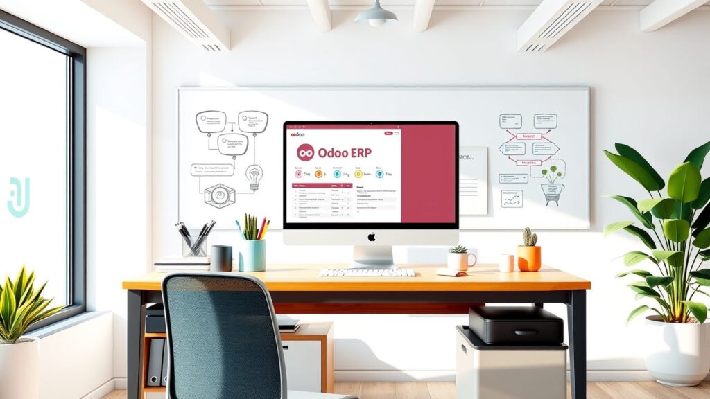 Een modern kantoor met Odoo ERP-interface en georganiseerde werkruimte.
