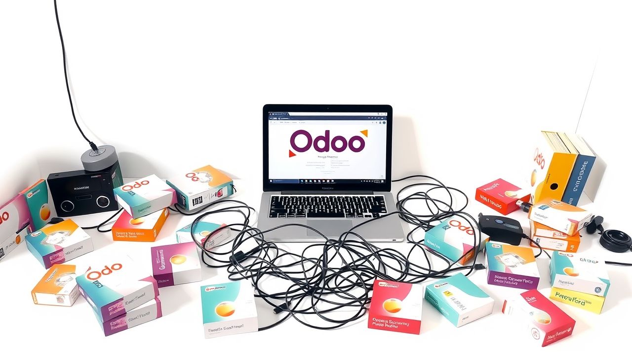 Een rommelig bureau met open-source software en Odoo laptop interface. Een rommelig bureau met open-source software en Odoo laptop interface.