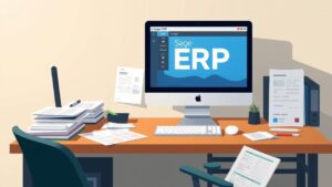 Een rommelig kantoor met een computer met Sage ERP-software.