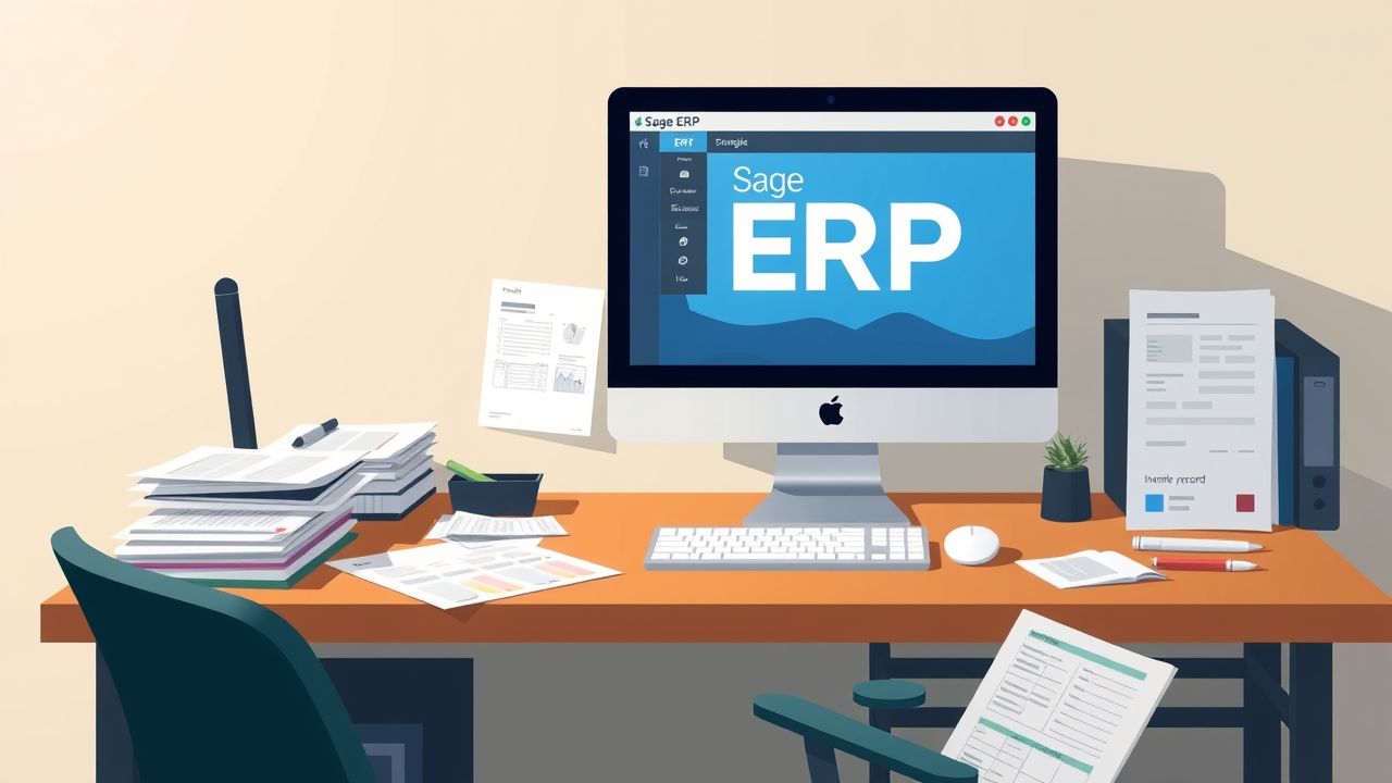 Een rommelig kantoor met een computer met Sage ERP-software.