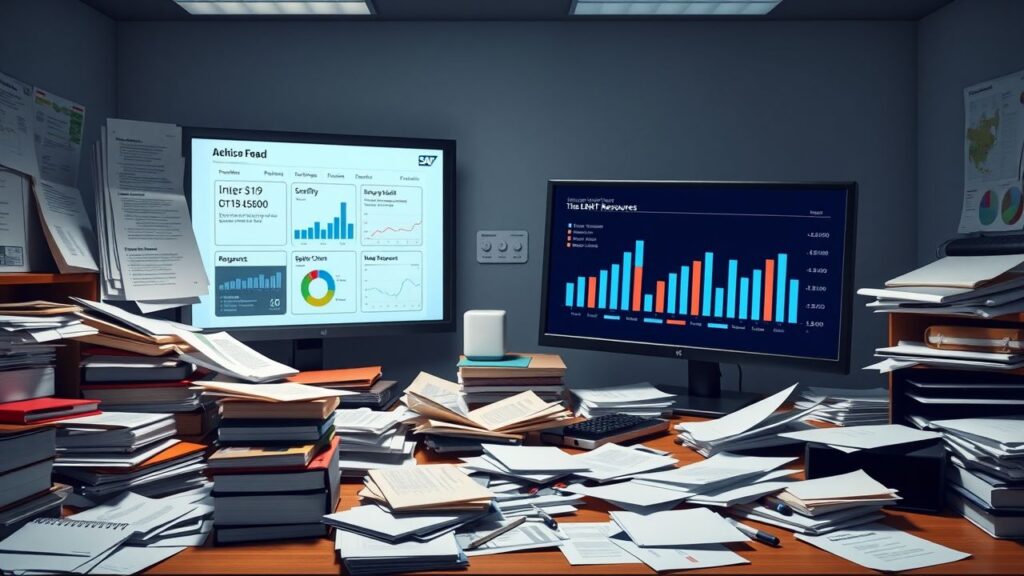 Een rommelig kantoor met georganiseerde digitale SAP ERP-informatie.