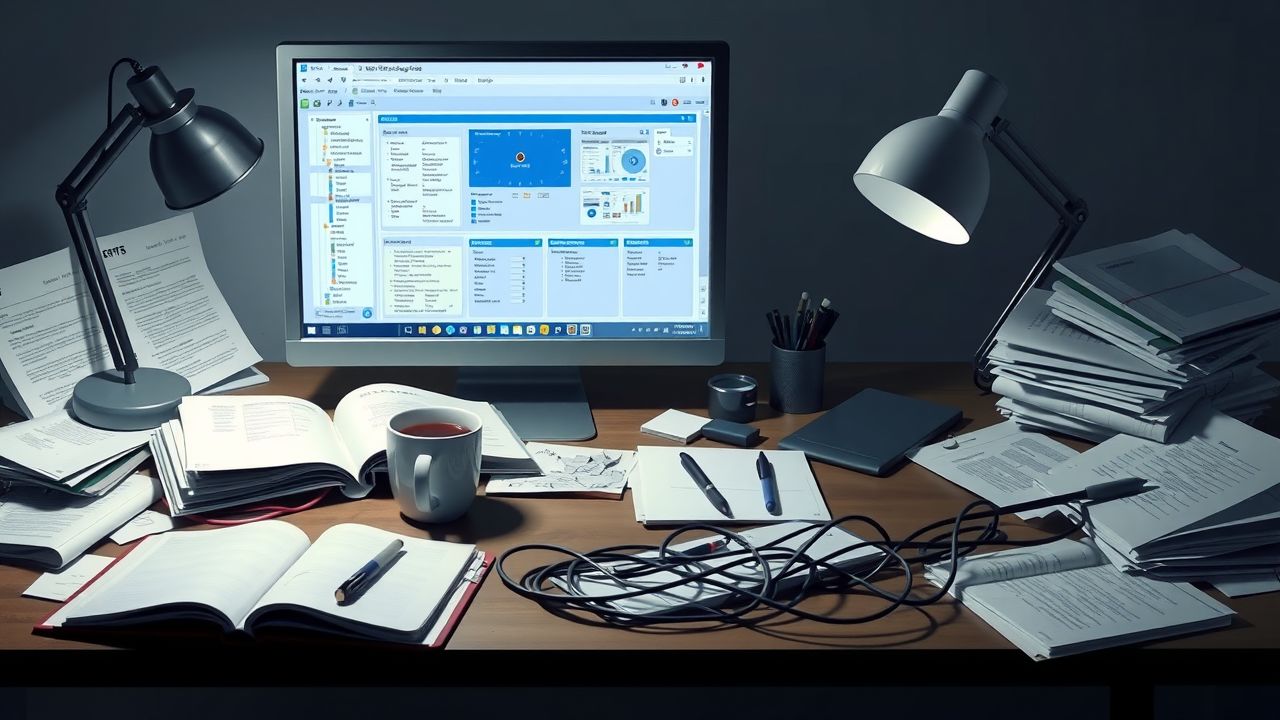 Een rommelig bureau met open notebooks, pennen en een computer. Een rommelig bureau met open notebooks, pennen en een computer.