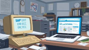 Een rommelig kantoor met verouderde en moderne SAP-technologie.
