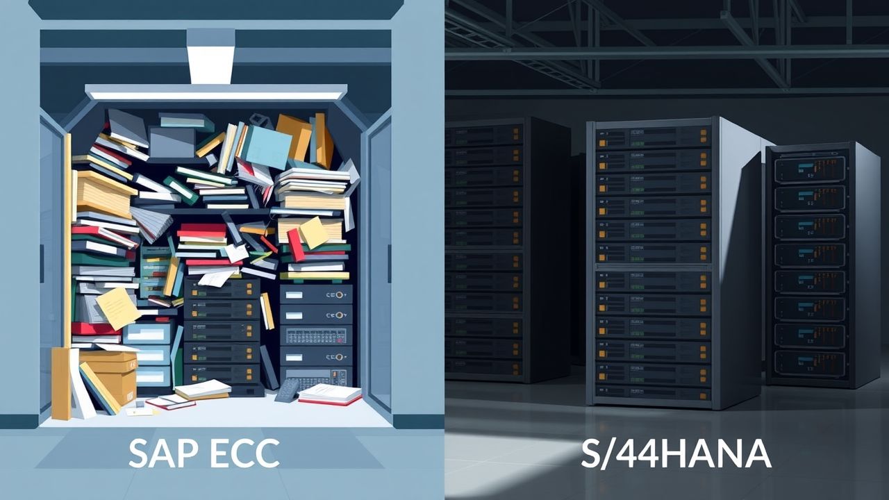De afbeelding vergelijkt twee database systemen: SAP ECC en S/4HANA. De afbeelding vergelijkt twee database systemen: SAP ECC en S/4HANA.