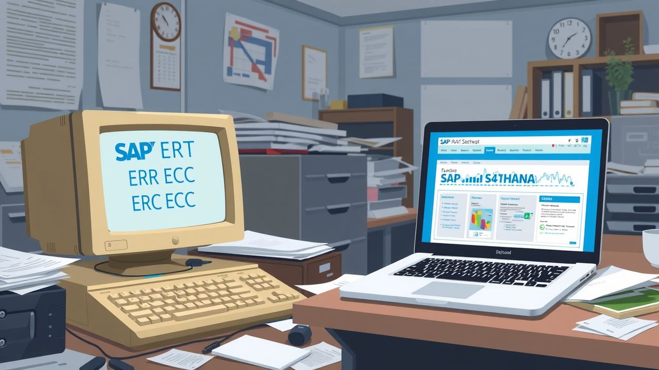 Een rommelig kantoor met verouderde en moderne SAP-technologie.