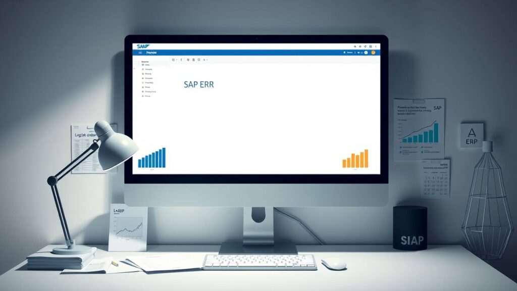 Een opgeruimd kantoorbureau met SAP ERP-systeem en zakelijke documenten.