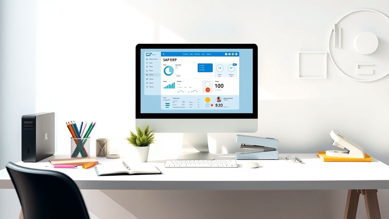 Een opgeruimd kantoorbureau met een computer en kantoorbenodigdheden. Een opgeruimd kantoorbureau met een computer en kantoorbenodigdheden.