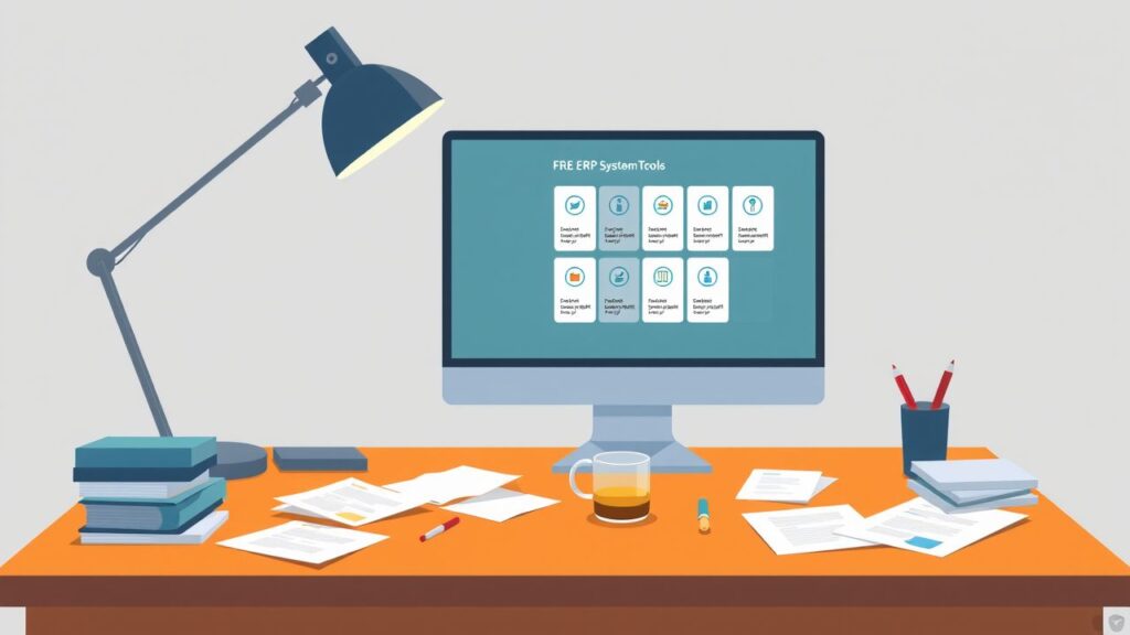 Een rommelig bureau met een computer en zakelijke documenten.