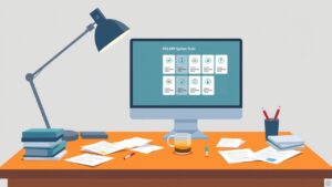 Een rommelig bureau met een computer en zakelijke documenten.