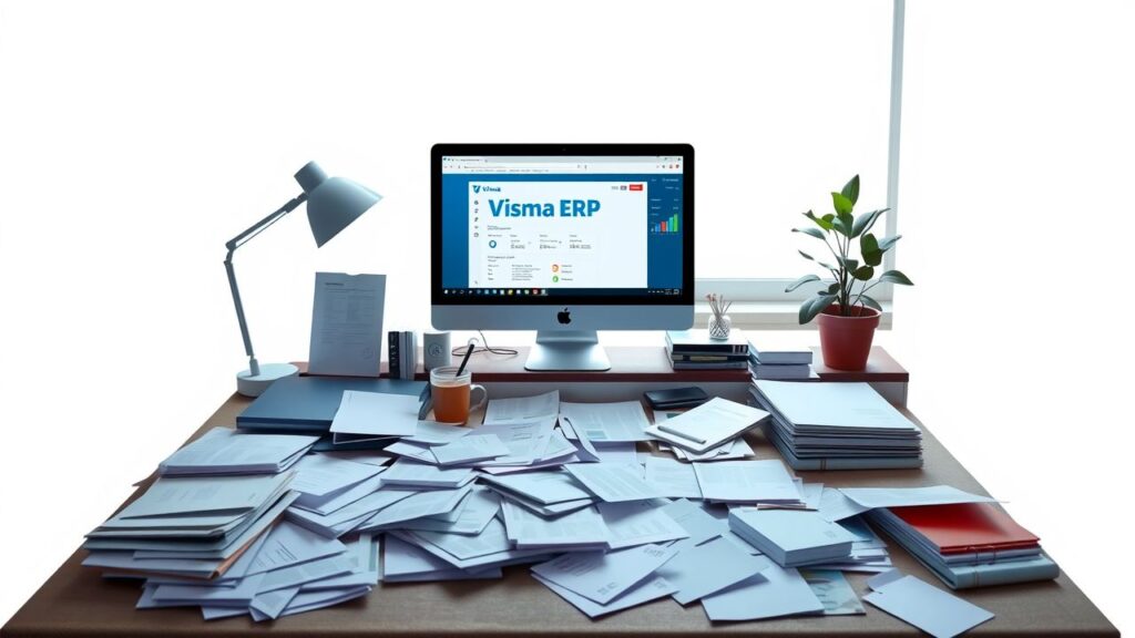 Een rommelig kantoorbureau met computer, papierwerk en koffie.