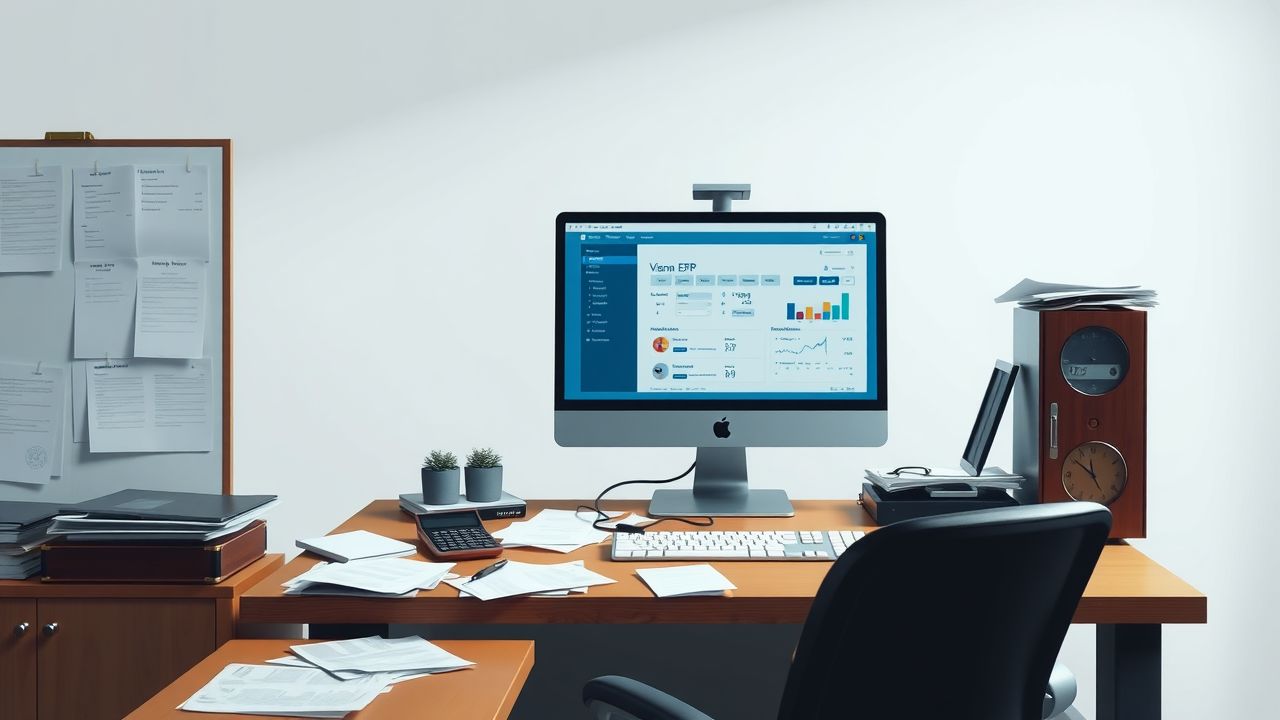 Een rommelig kantoor met Visma ERP-interface op computerbeeldscherm. Een rommelig kantoor met Visma ERP-interface op computerbeeldscherm.