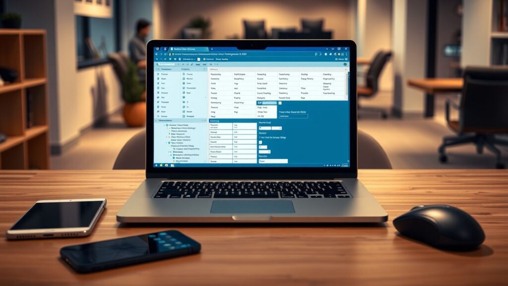 Een open laptop toont een database lay-out, omringd door technologische gadgets.