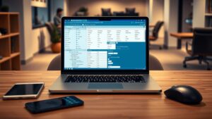 Een open laptop toont een database lay-out, omringd door technologische gadgets.
