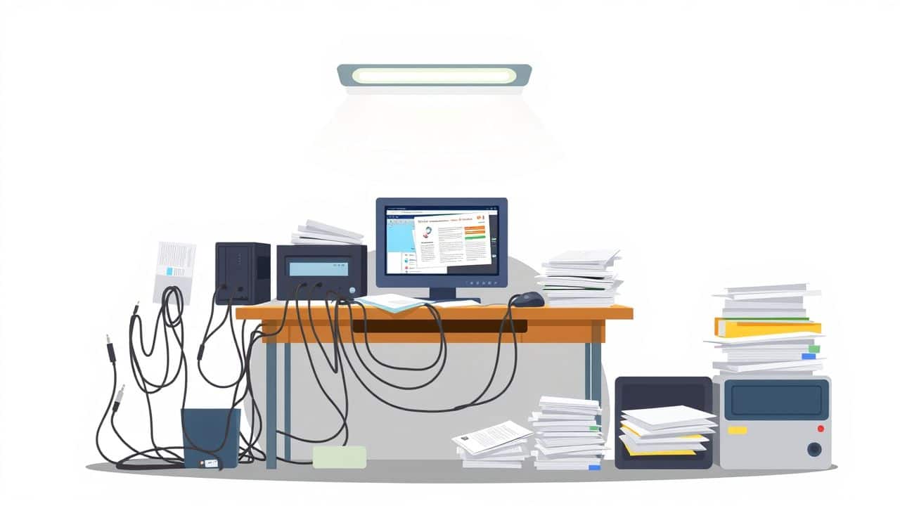 Een rommelig kantoorbureau met verouderde handleidingen, kabels en papierwerk. Een rommelig kantoorbureau met verouderde handleidingen, kabels en papierwerk.
